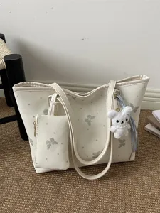 Borsa Tote in Pelle PU Minimalista Urbana Grande Capacità Stampa Farfalla Borsa a Tracolla Con Mini Pochette e Coniglio di Peluche