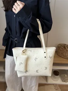 Borsa shopper bianca donna grande capacità borsa a spalla con stampa farfalla