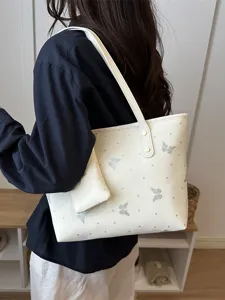 Borsa shopper bianca alla moda con stampa farfalla glitter argento, grande borsa a spalla.