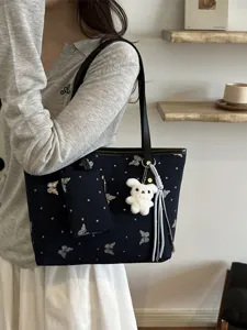 Borsa a tracolla blu elegante di grande capacità con farfalle glitterate e ciondolo coniglio.