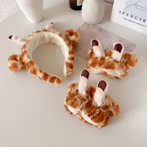Bandeau de lavage visage girafe duveteux et ensemble de poignets absorbants hiver mignon anti-humidité