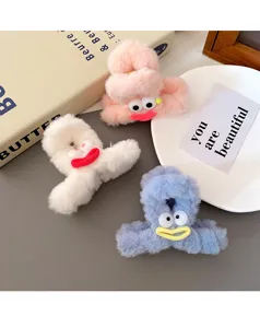 Cute plush hair claw clip with funny face design, fluffy shark clip for women and girls.