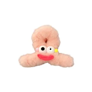 Cute plush hair claw clip with funny smiley face fluffy shark clip for women winter hair accessories