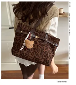 Borsa tote vintage in camoscio con stampa leopardato donna grande capacità borsa a spalla.