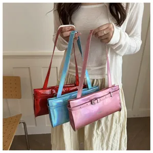 Stylish women underarm shoulder bag with metallic buckle shiny leather casual handbag for autumn.