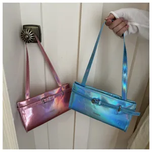 Holographic shoulder bag for women, trendy underarm bag with buckle design for daily wear.