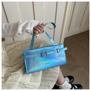 Detailed view of trendy holographic blue shoulder bag, stylish casual underarm handbag design.