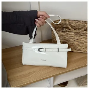 White patent leather shoulder bag stylish minimalist underarm bag for women daily casual use