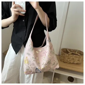 Bolso de hombro bordado rosa para mujer, bonito detalle de bolso hobo mariposa floral.