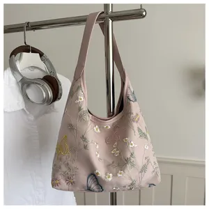 Mujer rosa bordado bolso de hombro axilar floral casual elegante moda bolso hobo