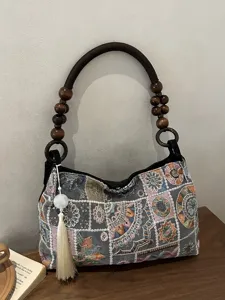 Borsa a Tracolla Ricamata Stile Neo-Cinese Per Donna Borsa Per Cellulare In Tessuto Vintage Con Manico In Perline Di Legno E Nappina Piccola Borsa Etnica