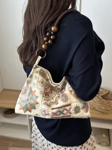 Borsa a tracolla ricamata in stile cinese con manico di perle di legno, borsa elegante donna.