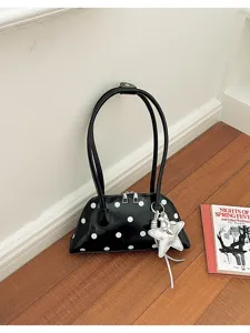 Black polka dot patent leather shoulder bag with star charm stylish daily underarm bag