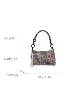 Borsa a tracolla ricamata in stile cinese con manico di perle di legno e nappa elegante.