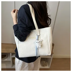 Femme cabas sac à épaule blanc grande capacité sac à main décontracté avec joli pendentif ours.
