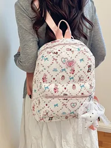 Zaino carino in stile giapponese con stampa floreale e cartone animato con bretelle rosa.