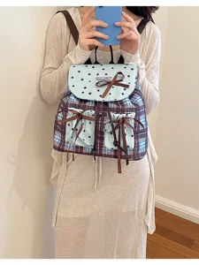 Zaino coreano verde menta a quadri con stelle da donna borsa scolastica con grazioso fiocco