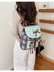 Zaino verde menta con stelle e quadri per donne grazioso fiocco borsa leggera alla moda