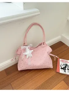 Pink Star Rhinestone Tote Bag Large Capacity Casual Shoulder Bag Women Commuter Handbag