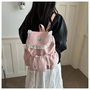 Sac à dos cordon étoiles et dentelle, joli sac à dos décontracté pour les femmes et les étudiantes.