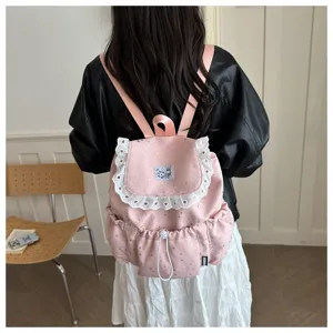 Sac à dos rose mignon avec imprimé d'étoiles et volant en dentelle blanche pour femmes