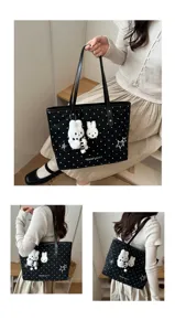 Sac cabas en toile à pois mignon avec pendentif en peluche de lapin, sac d'épaule décontracté.