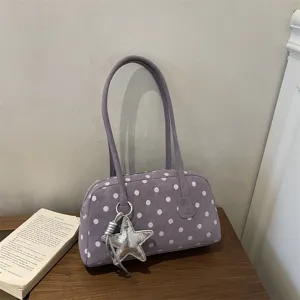 Purple polka dot shoulder bag with silver star charm, stylish PU leather bowling bag.