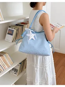 Light blue star print tote bag with lace plush star pendant, casual shoulder bag for women.
