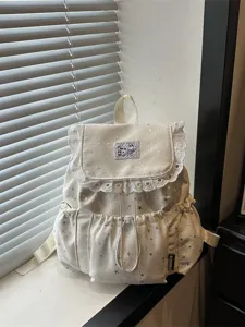 Sac à Dos en Toile pour Femmes Décontracté École Cartable Imprimé Étoile Garniture Dentelle Cordon Voyage