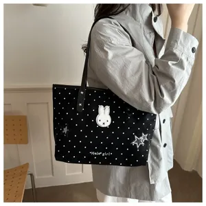 Grand sac cabas fourre-tout en toile à pois pour femme, broderie de lapin mignonne.