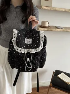 Sac à dos cordon avec motif d'étoiles et bordure en dentelle, chic pour femmes et voyages.