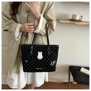 Sac cabas noir à pois avec broderie de lapin, sac bandoulière décontracté pour femme.