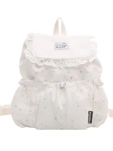 Sac à dos cordon étoiles blanc style Ins pour femme, joli sac d'école à volants.