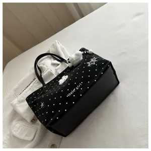 Grand sac cabas noir à pois vue détaillée, sac à épaule décontracté pour le travail