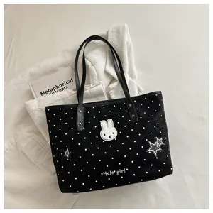 Sac cabas fourre-tout noir à pois blancs style coréen avec joli patch lapin blanc sac décontracté