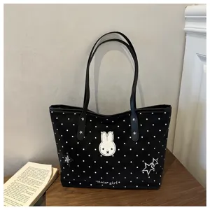 Sac cabas en toile à pois noirs avec broderie de lapin mignonne et anses en cuir pour femmes.
