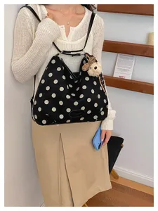 Korean style polka dot large capacity tote bag vintage suede shoulder bag for women