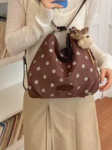 Korean style polka dot large capacity tote bag vintage suede shoulder backpack for commuting