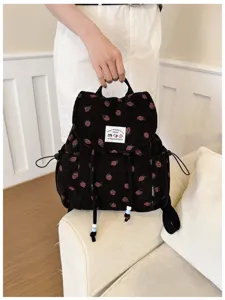 Ρucksack από κορδρόι με στάμπα φράουλας, casual σακίδιο ημέρας με κορδόνι για γυναίκες.