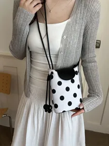 Borsa a tracolla a pois bianchi e neri da donna, borsetta casual per cellulare in tela.