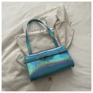 Holographic blue shoulder bag trendy underarm bag minimalist PU leather handbag for women