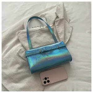 Holographic blue shoulder bag detail showing glossy metallic PU leather and stylish belt buckle.