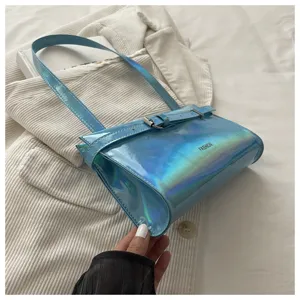 Glossy metallic blue shoulder bag for women, stylish underarm bag with buckle design for daily wear.