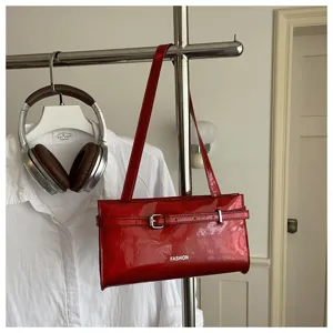 Red patent leather shoulder bag minimalist underarm bag stylish casual handbag for women