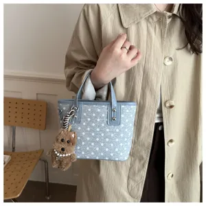 Retro Pünktchen Handtasche für Damen, lässige süße Eimer-Tragetasche mit Plüschhund.