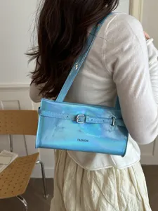 Women metallic blue shoulder bag casual underarm handbag stylish PU leather daily use