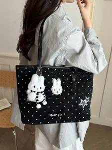 Grand cabas noir à pois avec pendentif lapin en peluche, sac porté épaule décontracté pour femme.