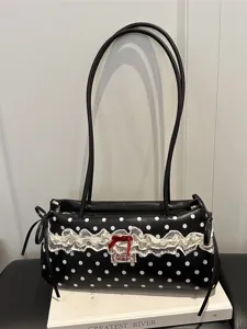 Women Polka Dot Underarm Bag PU Leather Retro Sweet Shoulder Bag Chic Black Handbag Casual Daily Fashion Purse