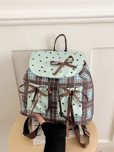 Stile Coreano Verde Menta Stella Quadri Zaino Donna Studente Carino Fiocco Moda Casual Tela Scuola Borsa