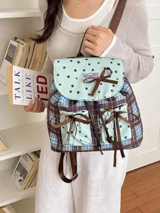 Zaino stile coreano verde menta a quadri con stelle e fiocco, borsa leggera da studentessa.